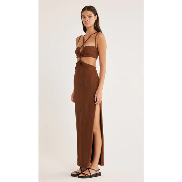 Rumer The Label Chocolate Ribbed Oasis Bandeau Style Cut Outs Lined Maxi S - Picture 2 of 16